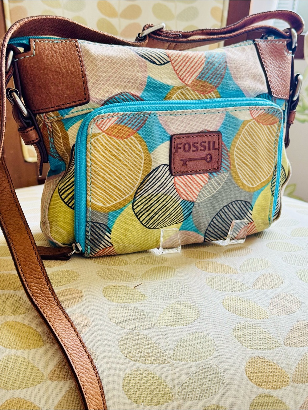 Fossil Y2K Women's Multicolor Canvas Crossbody Bag with Turquoise Trim